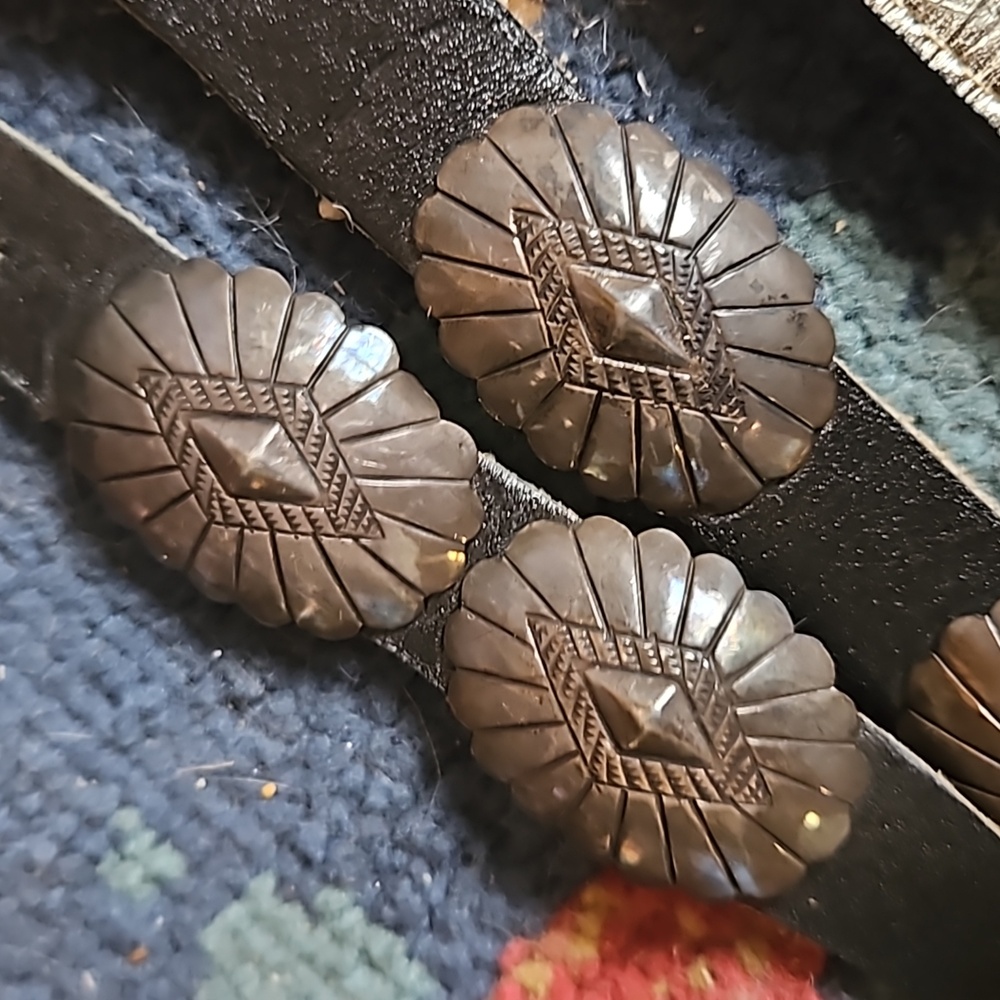 Vintage handmade soft leather sterling concho waist belt patina bronze attachmen
